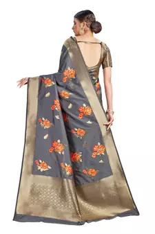 Grey Woven Silk Blend Saree With Blouse