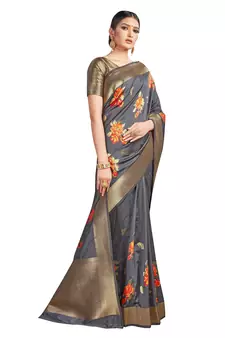 Grey Woven Silk Blend Saree With Blouse