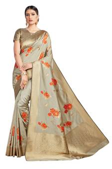 Cream Woven Silk Blend Saree With Blouse