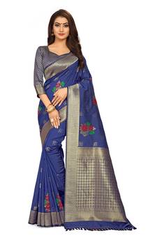 Navy Blue Woven Silk Blend Saree With Blouse