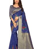Navy Blue Woven Silk Blend Saree With Blouse