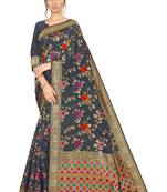 Grey Woven Silk Blend Saree With Blouse