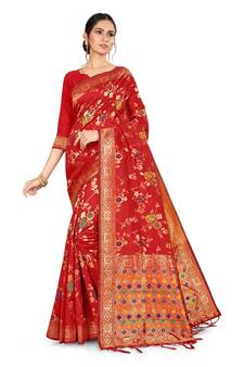 Red Woven Silk Blend Saree With Blouse