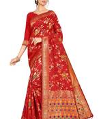 Red Woven Silk Blend Saree With Blouse
