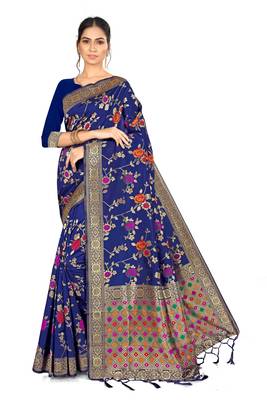Navy Blue Woven Silk Blend Saree With Blouse 1
