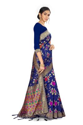 Navy Blue Woven Silk Blend Saree With Blouse 2
