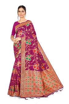 Wine Woven Silk Blend Saree With Blouse