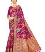 Wine Woven Silk Blend Saree With Blouse