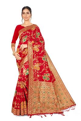 Red Woven Silk Blend Saree With Blouse 1