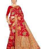 Red Woven Silk Blend Saree With Blouse