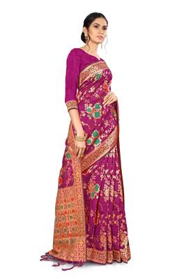 Wine Woven Silk Blend Saree With Blouse 2