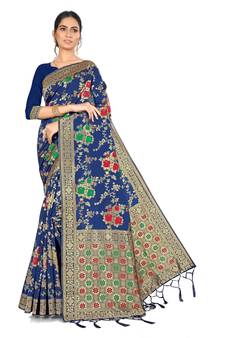 Navy Blue Woven Silk Blend Saree With Blouse