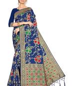 Navy Blue Woven Silk Blend Saree With Blouse