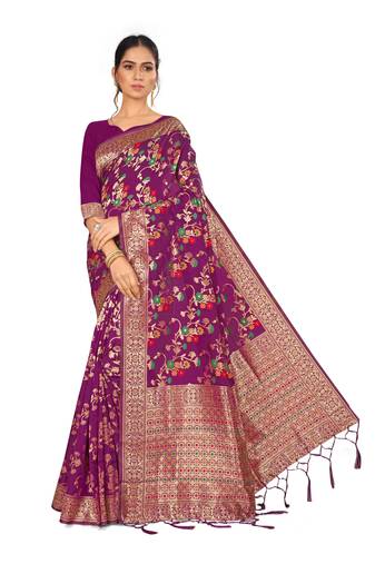 Wine Woven Silk Blend Saree With Blouse