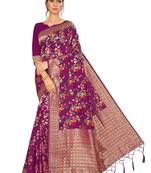 Wine Woven Silk Blend Saree With Blouse