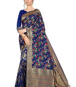 Navy Blue Woven Silk Blend Saree With Blouse