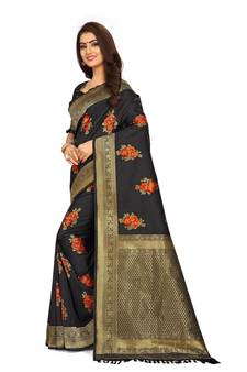 Black Woven Silk Blend Saree With Blouse