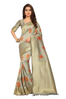 Beige Woven Silk Blend Saree With Blouse