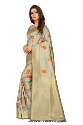 Beige Woven Silk Blend Saree With Blouse 2