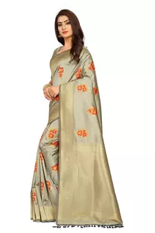 Beige Woven Silk Blend Saree With Blouse