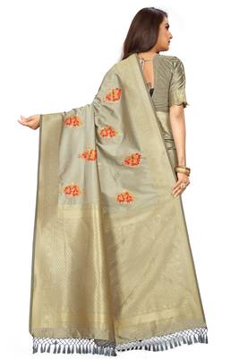 Beige Woven Silk Blend Saree With Blouse 3