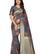 Grey Woven Silk Blend Saree With Blouse