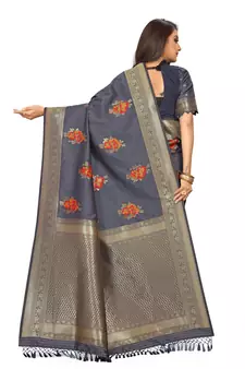 Grey Woven Silk Blend Saree With Blouse