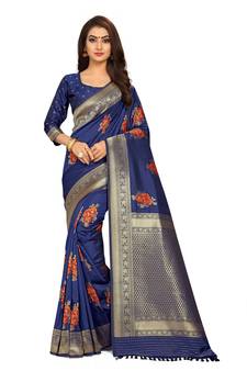 Navy Blue Woven Silk Blend Saree With Blouse