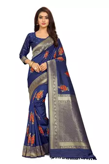 Navy Blue Woven Silk Blend Saree With Blouse