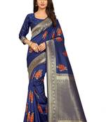 Navy Blue Woven Silk Blend Saree With Blouse