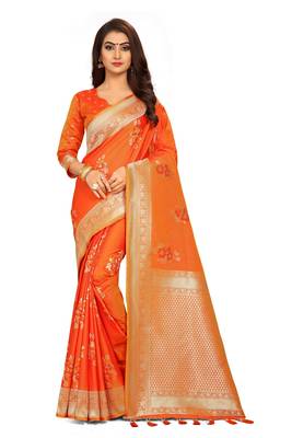 Red Woven Silk Blend Saree With Blouse 1