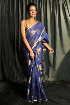 Blue woven silk saree with blouse