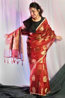 Maroon woven silk saree with blouse
