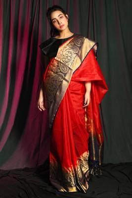 Scarlet red woven silk saree with blouse 1