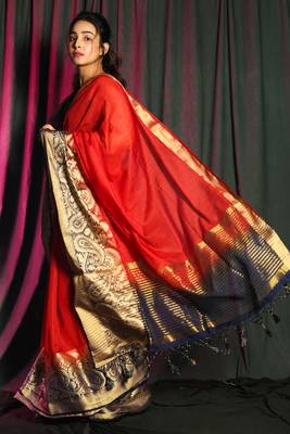 Scarlet red woven silk saree with blouse 2