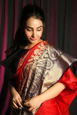 Scarlet red woven silk saree with blouse 3