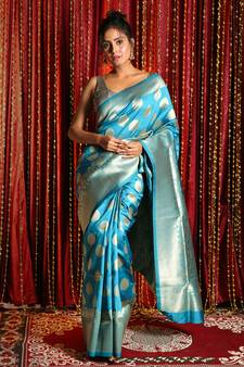 Cyan woven silk saree with blouse