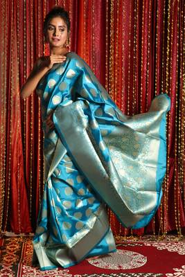 Cyan woven silk saree with blouse 2