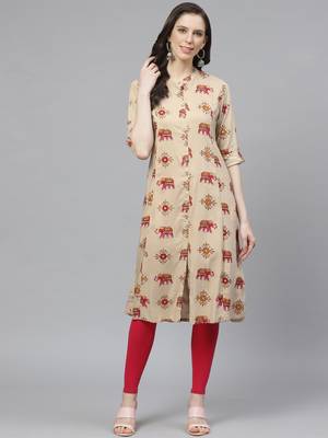 Beige printed liva ethnic-kurtis 1