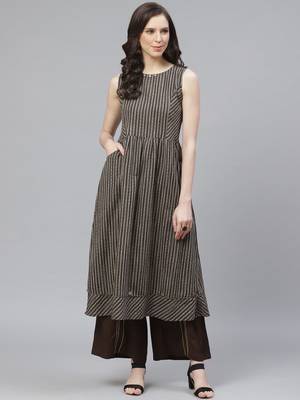 Brown printed cotton long-kurtis 1