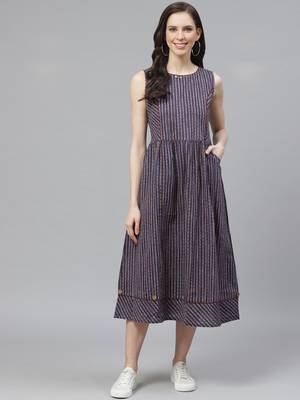 Navy-blue printed cotton long-kurtis 1