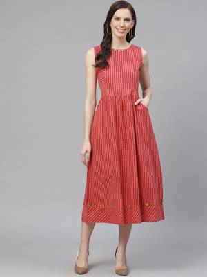 Red printed cotton long-kurtis 1