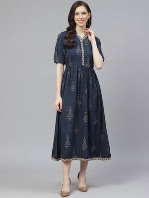 Navy-blue printed cotton long-kurtis 1