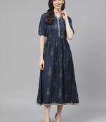 Navy-blue printed cotton long-kurtis