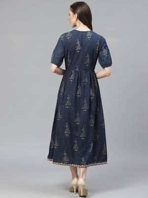 Navy-blue printed cotton long-kurtis 2