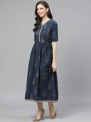 Navy-blue printed cotton long-kurtis 3