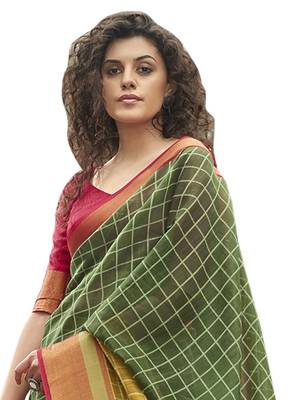 Green printed cotton saree with blouse 2