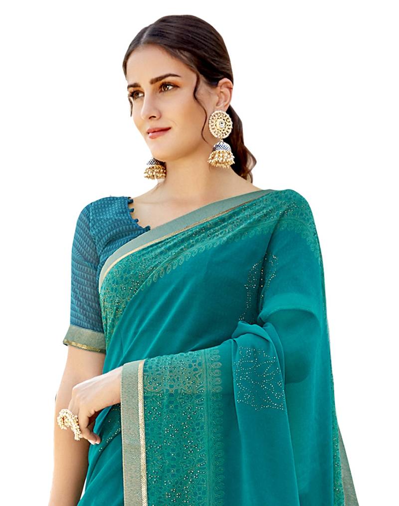 Women's Cotton Turquoise Printed Designer Saree With Blouse Piece