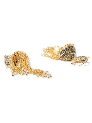 Gold Plated Chandelier Jhalar Jhuumki/Earrings with White Beads For Women And Girls 7