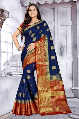 Blue printed banarasi silk saree with blouse 1